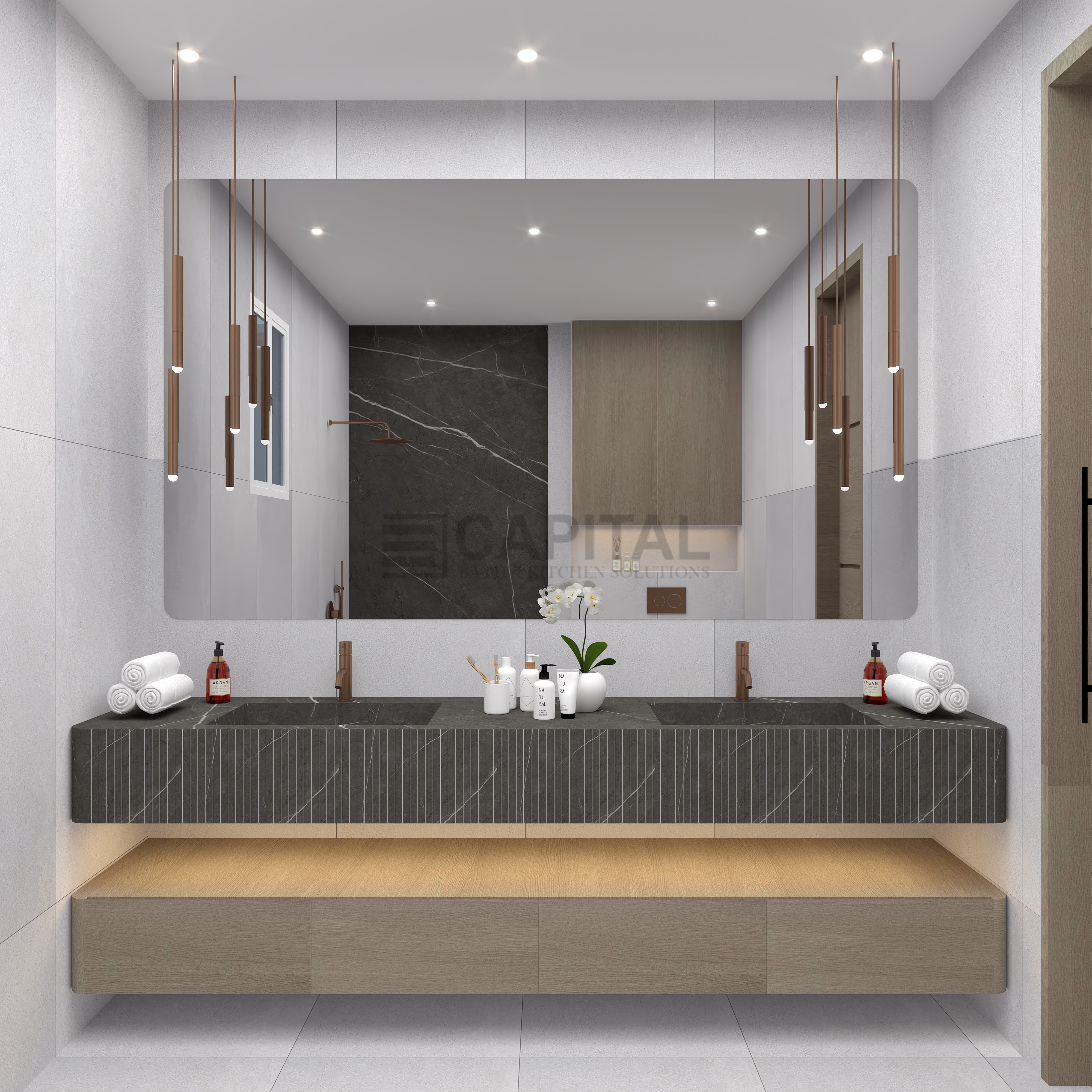 Luxury Master Bathroom with Double Porcelain Vanity & Walk-In Shower – Modern Dubai Design 