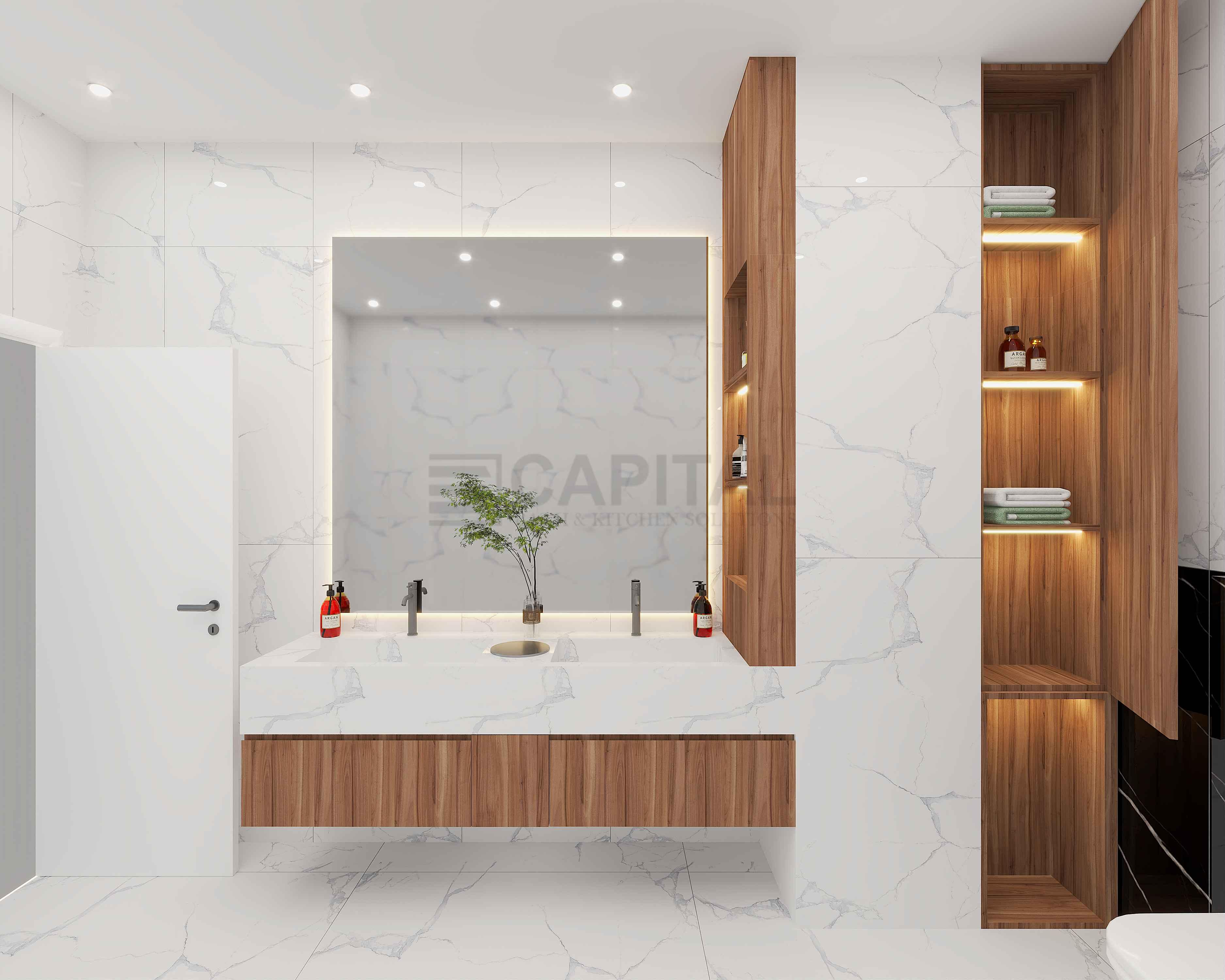 Modern Porcelain Bathroom with Wooden Cabinetry & Minimalist Design