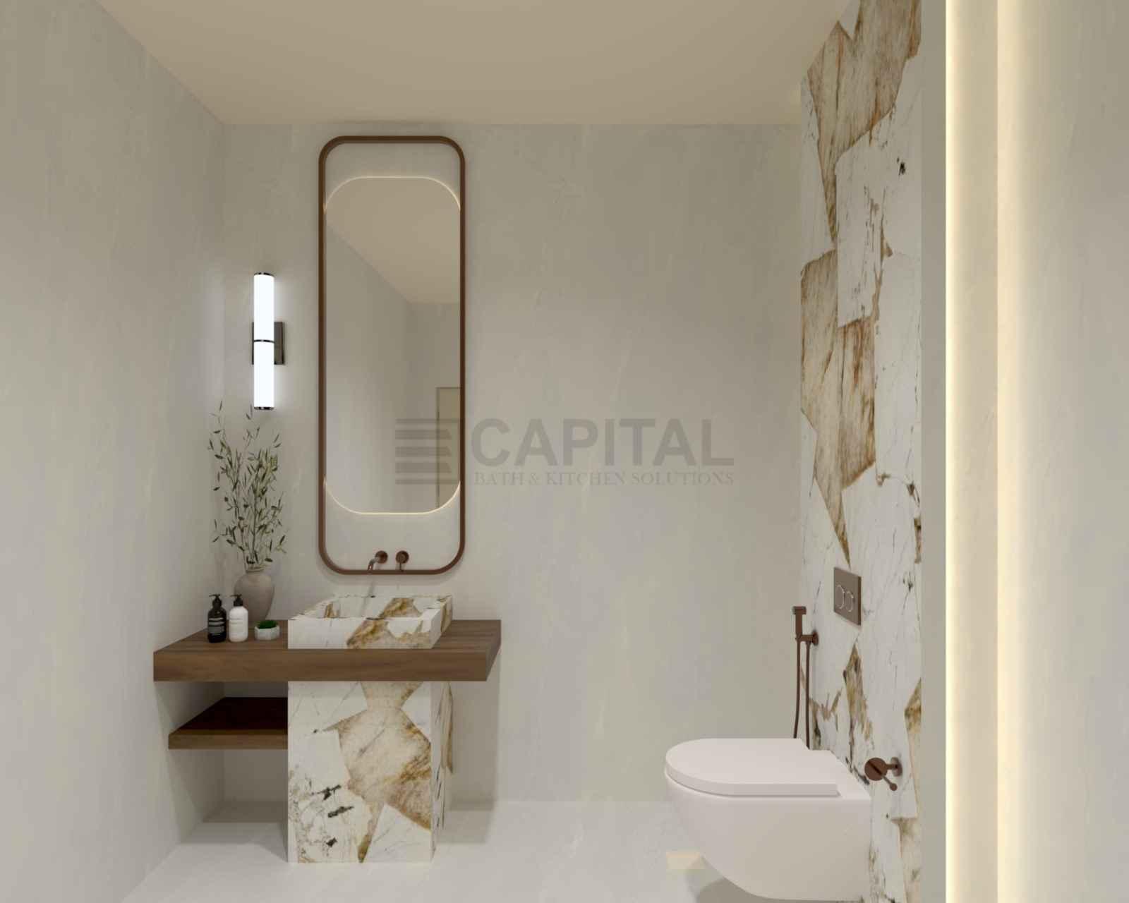 Luxury Porcelain Powder Room with Marble-Effect Vanity & Wooden Detailing