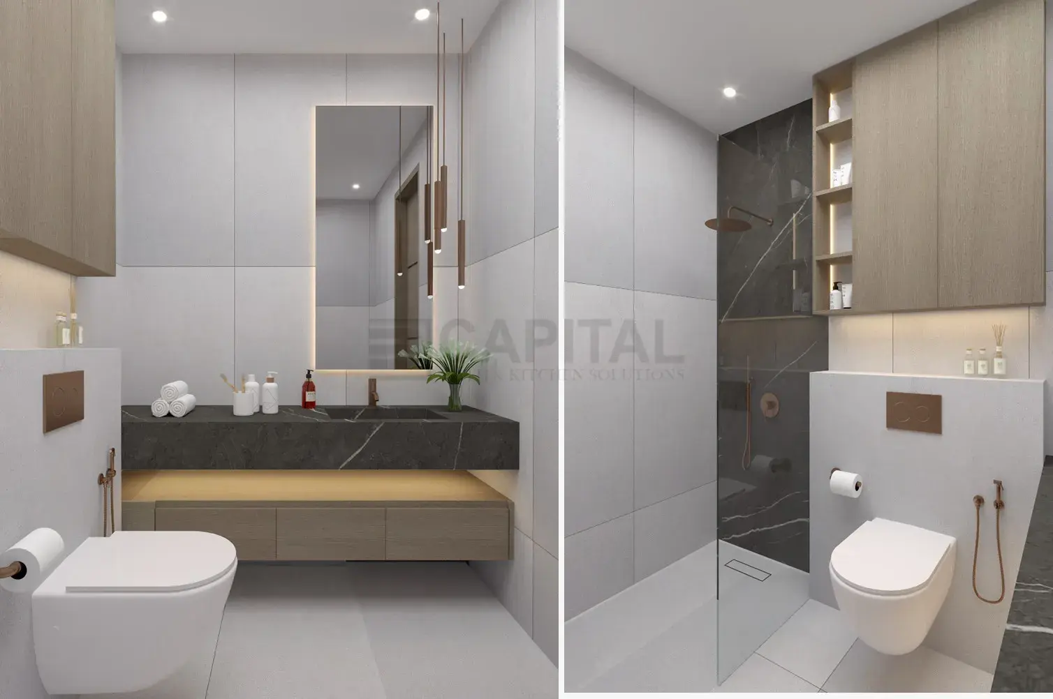 Luxury Porcelain Master Bathroom Design with Floating Vanity & Rose Gold Fixtures 