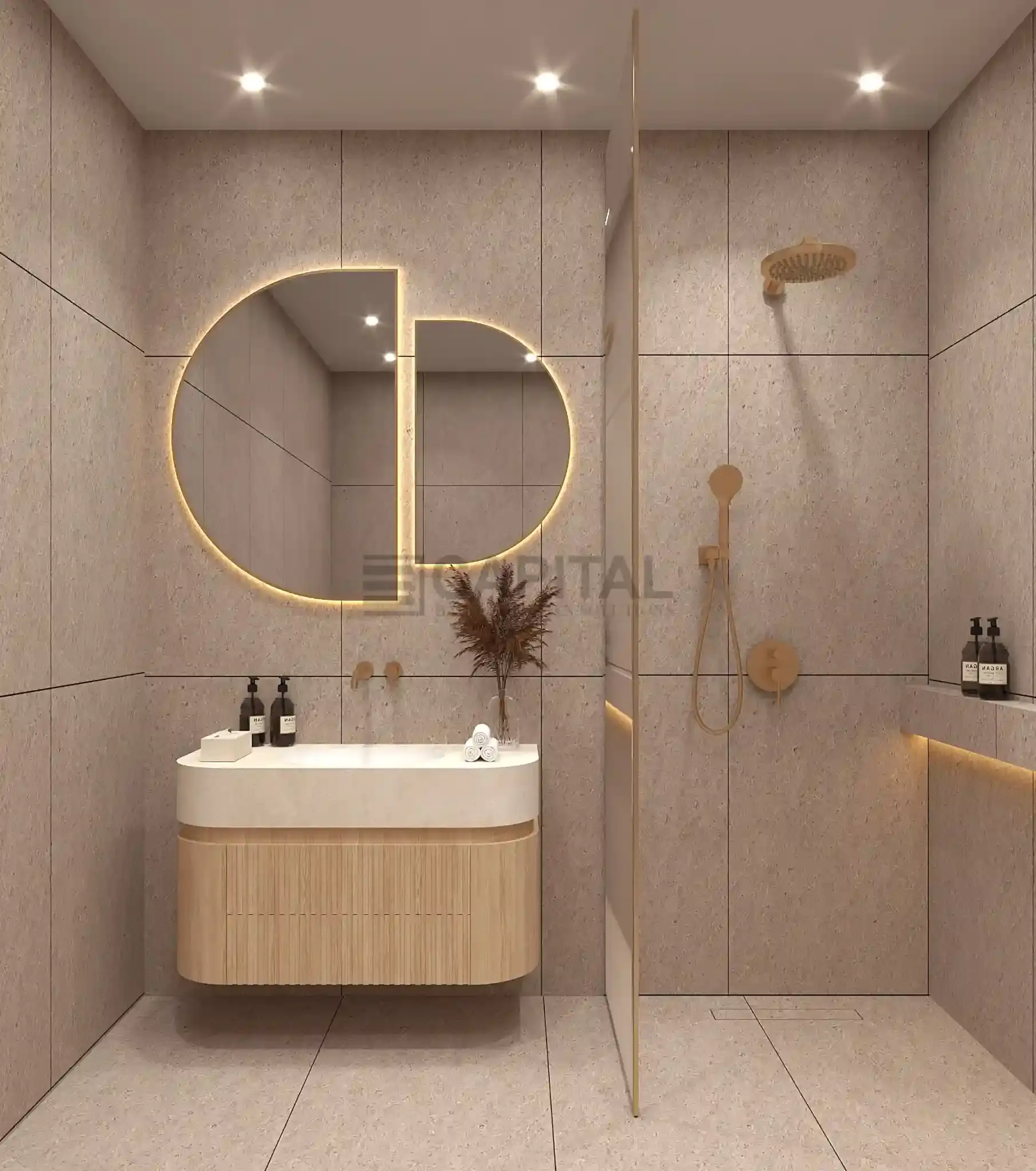 Modern Curved Porcelain & Wood Vanity 