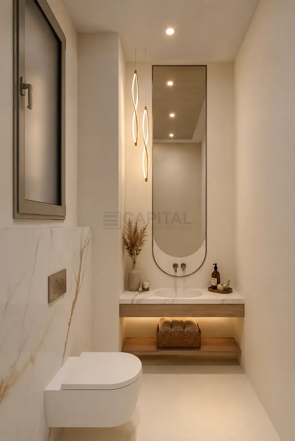 Compact Marble Look Porcelain Vanity  with floating wood vanity 