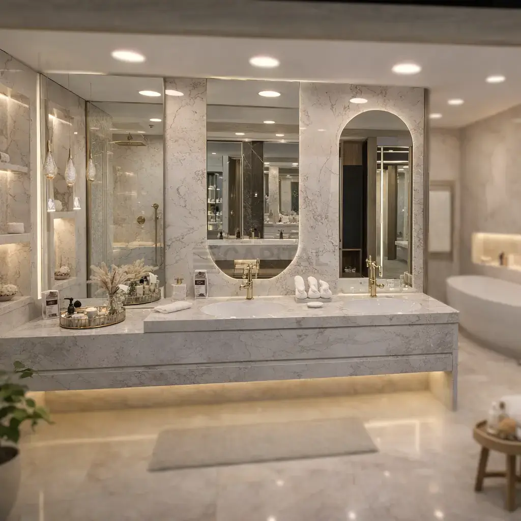 Luxury Double-Sink Floating Porcelain Vanity with Gold Accents 