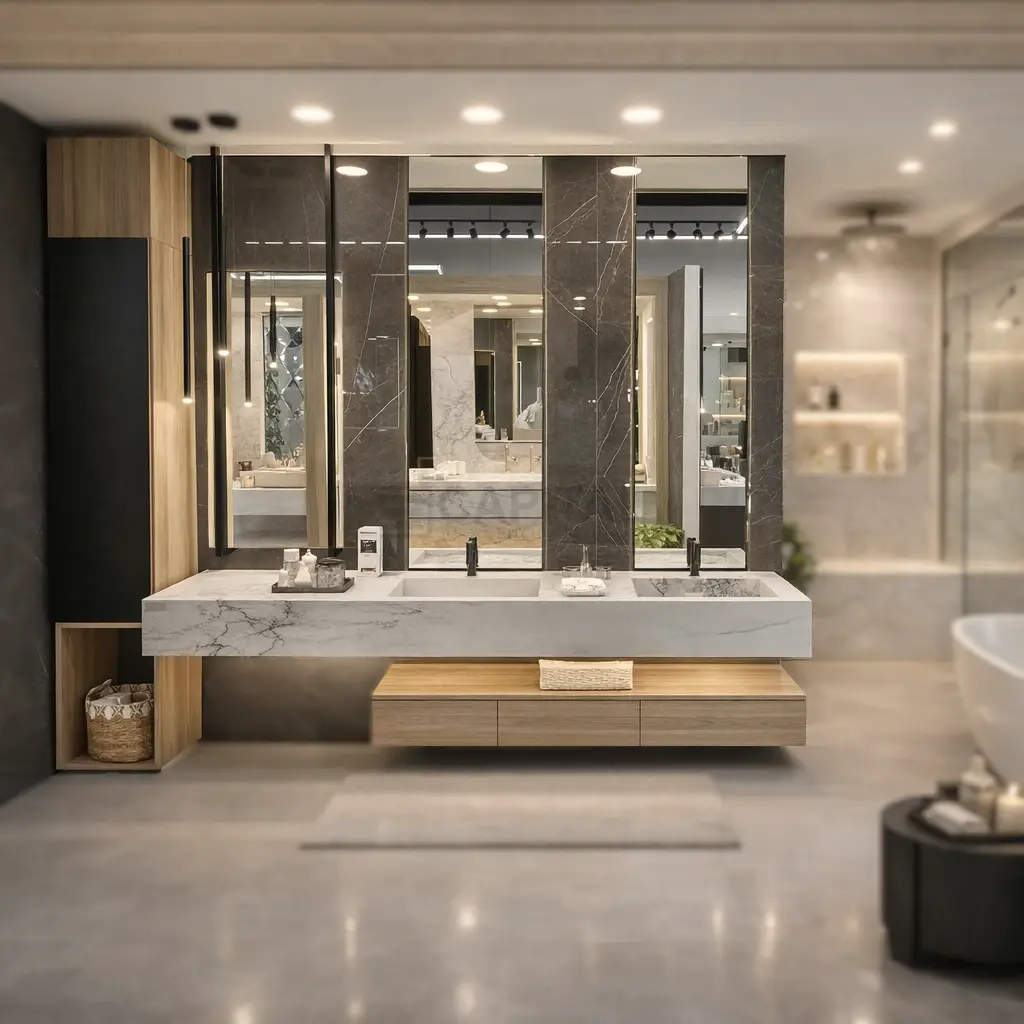 Modern Floating Porcelain Vanity with Wood Cabinetry 