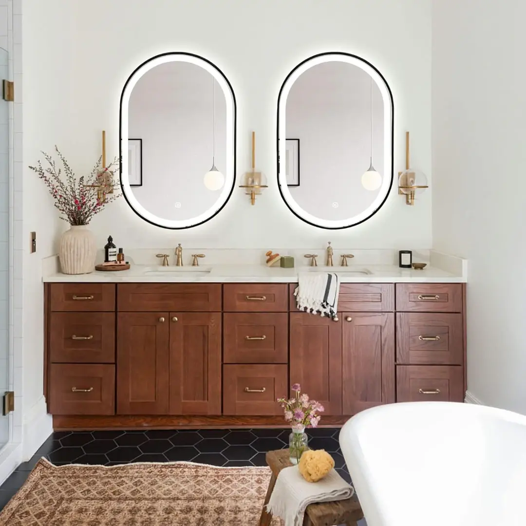 Waterproof LED Oval Bathroom Mirror with Anti-Fog & Touch Sensor - Black Frame 