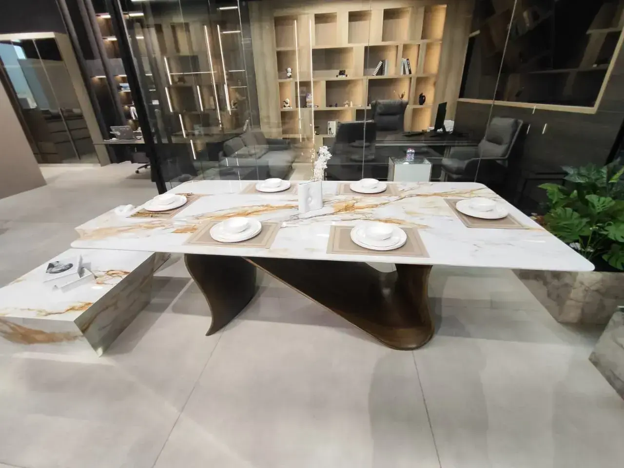 Arden gold dining table top made of sintered  stone having curved edges Real