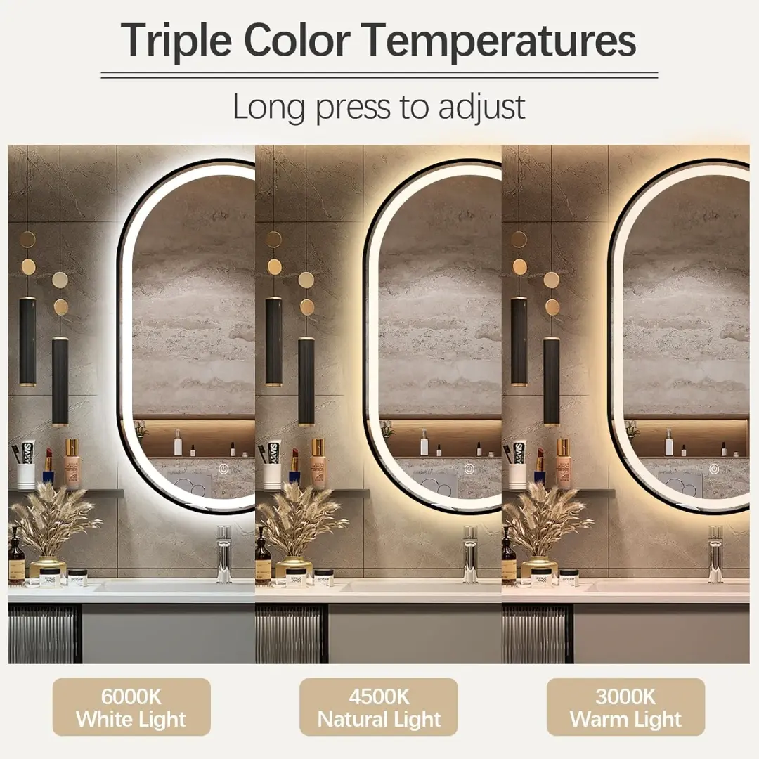 Waterproof LED Oval Bathroom Mirror with Anti-Fog & Touch Sensor - Black Frame 